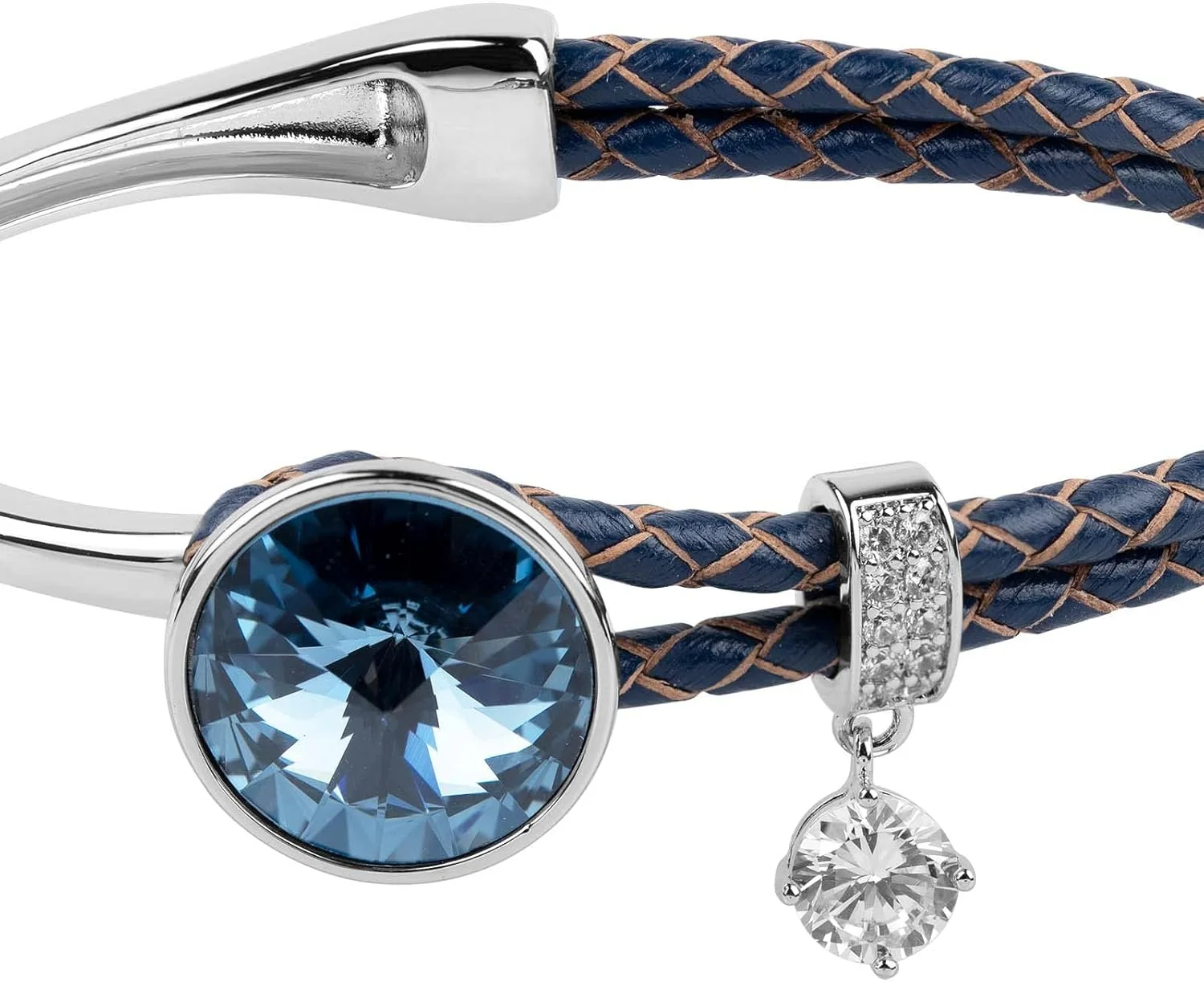 دستبند النگویی چرمی بافت نیمه ترندی مون استون با کریستال های سواروسکی و نقره استرلینگ برای بانوان دستبند النگویی چرمی بافت نیمه ترندی مون استون با کریستال های سواروسکی و نقره استرلینگ برای بانوان