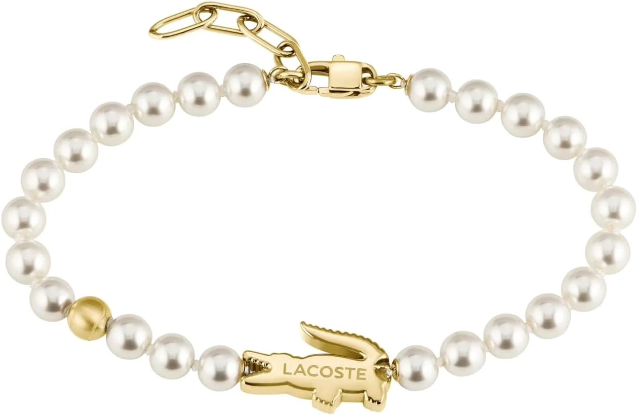 دستبند یونیسکس لاکوست، استیل طلایی نازک با روکش یونی و مهره های شیشه ای رنگ کرم - 2040431