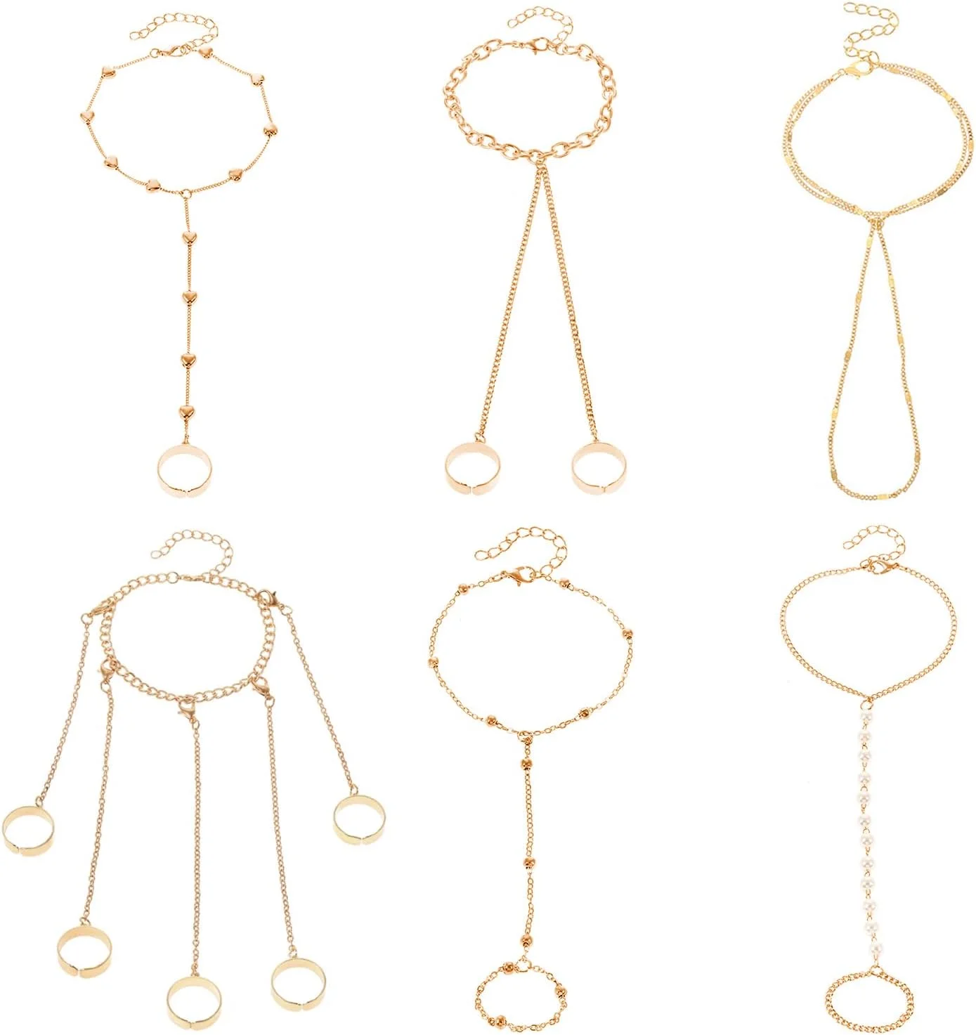 ست دستبند زنجیری و انگشتر متصل 6 تکه، دستبند انگشتری قابل تنظیم برای زنان و دختران