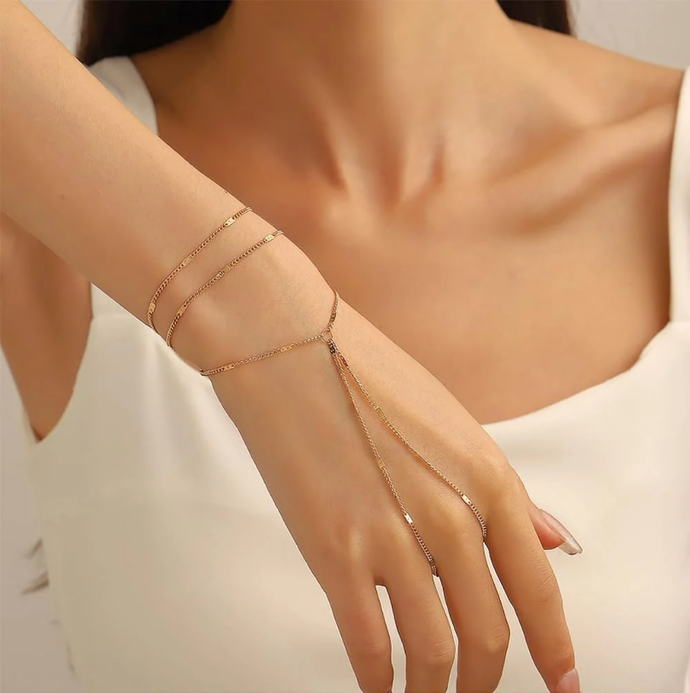 ست دستبند زنجیری و انگشتر متصل 6 تکه، دستبند انگشتری قابل تنظیم برای زنان و دختران