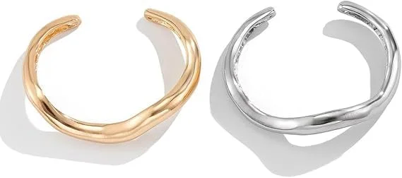 ست 2 عددی دستبند النگویی چکش خورده طلایی و نقره ای زنانه، دستبند بازویی پهن قابل تنظیم، النگوی مد روز، النگوی ضخیم نامنظم وینتیج برای دوست، دوست دختر (طلایی و نقره ای)