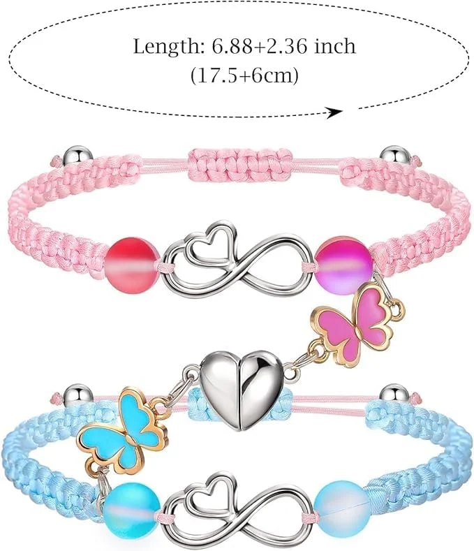 دستبند دوستی طنابی بافته شده قابل تنظیم دست ساز با آویز پروانه، هدیه جواهری ست برای نوجوانان، دختران، زنان، زوج ها