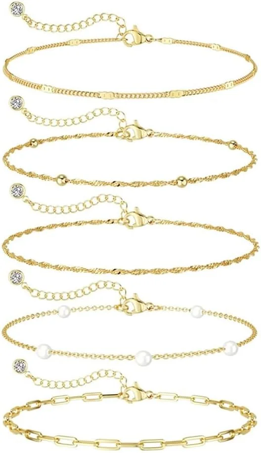 دستبندهای طلایی زنانه گودرن، ست 5 عددی دستبندهای لایه ای طلایی با روکش طلای 14 عیار، ست دستبندهای قابل انباشتنی نازک مهره ای و زنجیر کاغذی ضد آب، زیورآلات مد روز هدیه برای دختران زن