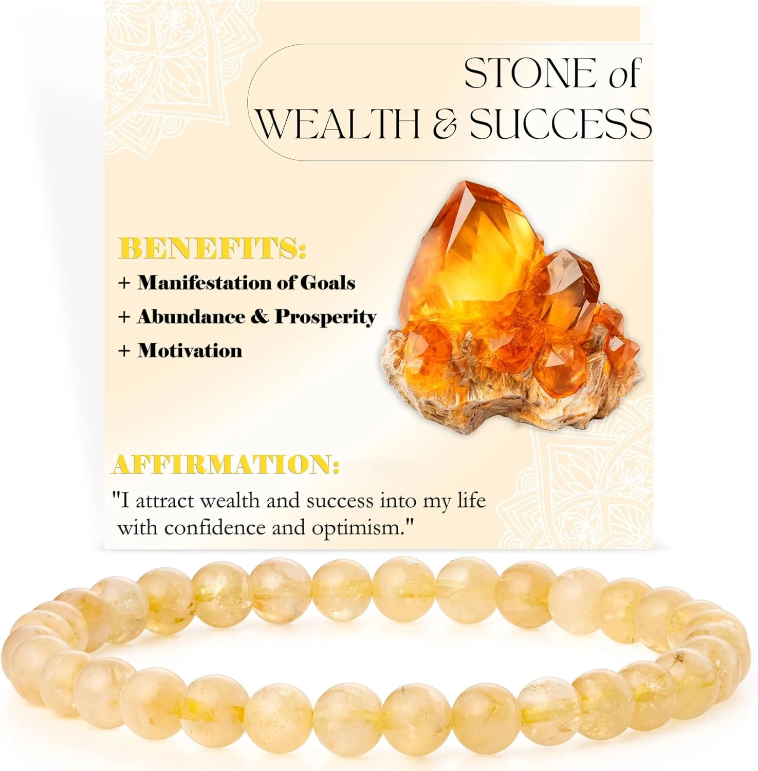 دستبند کشی مهره ای سنگ های قیمتی، دستبند شیشه ای دست ساز زنانه مردانه، دستبند مهره های گرد کریستالی کشسان، جواهرات کشی سنگ طبیعی نیمه قیمتی، 6 میلی متر، سیترین