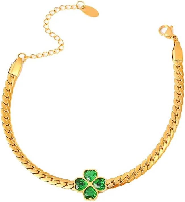 دستبند شبدر چهار برگ زمردی برای زنان و دختران - زنجیر پیوند قلب هندسی استیل ضد زنگ با روکش طلایی قابل تنظیم، جواهرات خوش شانسی ایرلندی و روزمره (سبز)