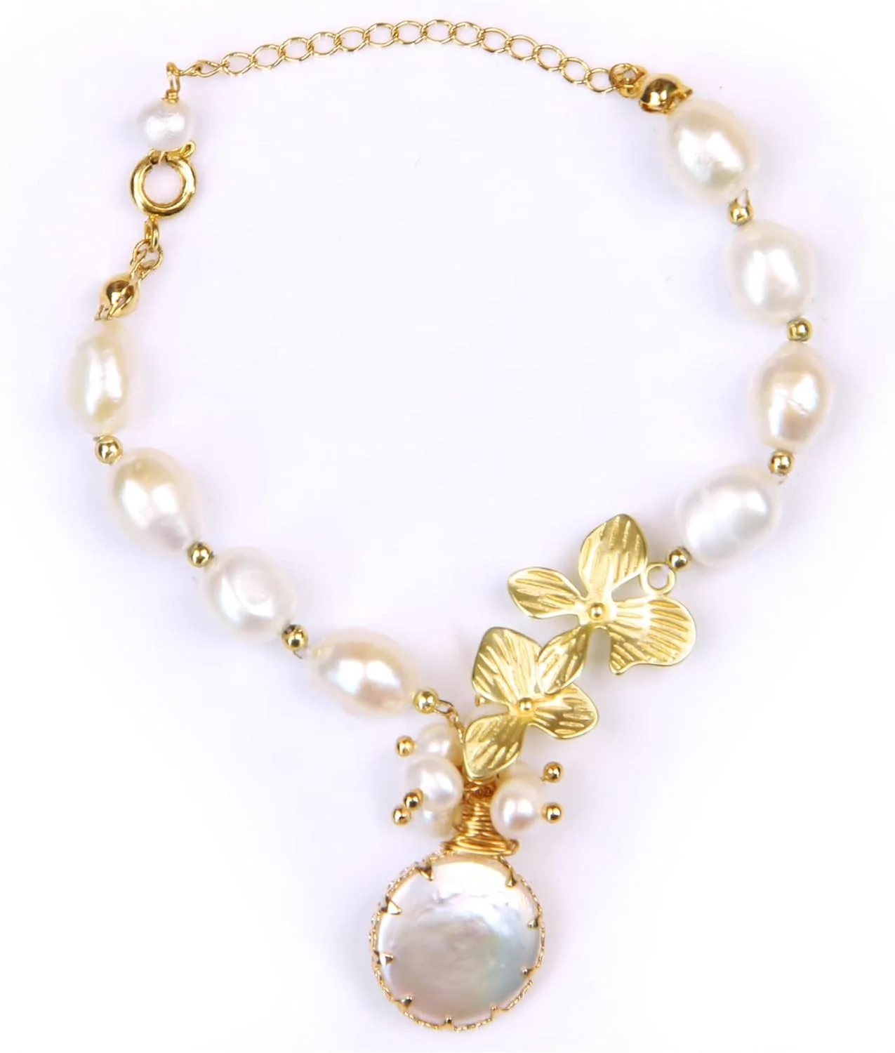 دستبند مروارید باروک طلای 18 عیار، دستبند مهره ای، دستبند برگ مروارید آب شیرین غیر رسمی مد روز برای زنان، جواهرات آویز راحت نامزدی، دستبند مروارید ظریف