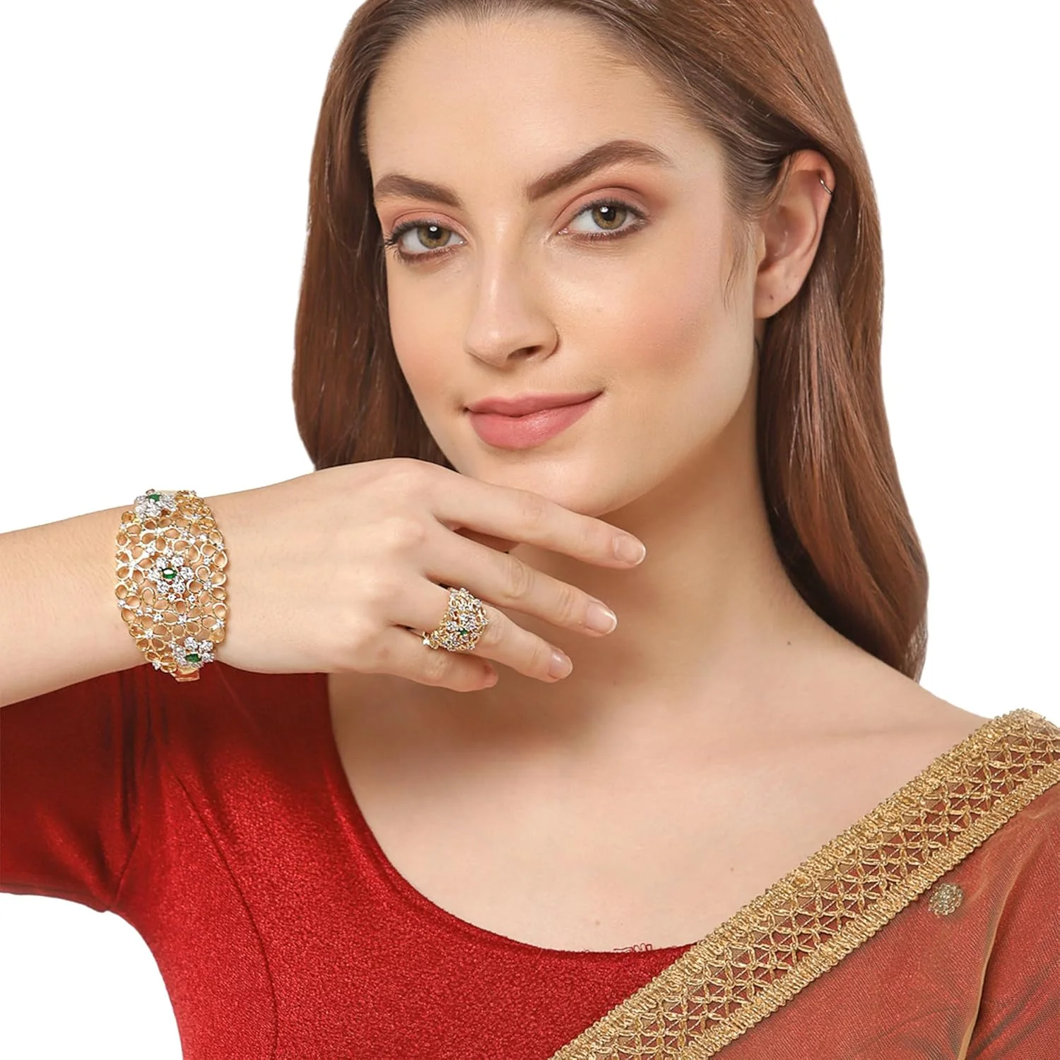 دستبند زنانه طرح جواهری نگین دار با روکش طلای زینمه به همراه انگشتر ست