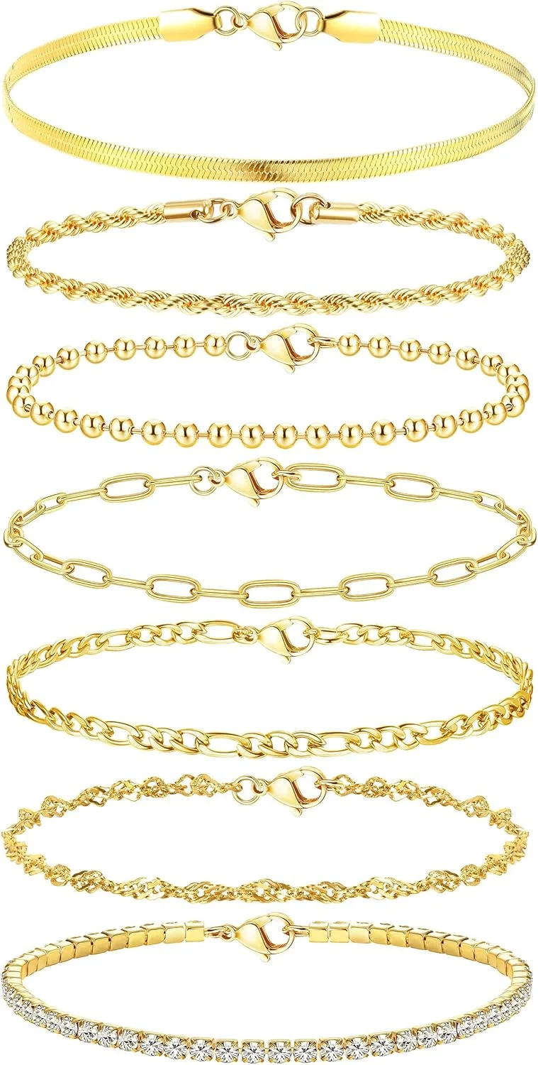 بسته 7 عددی دستبند زنجیری زنانه با روکش طلای 14 عیار، دستبندهای حلقه ای قابل تنظیم، ست دستبند جواهرات مد روز نقره ای طلایی برای دختران