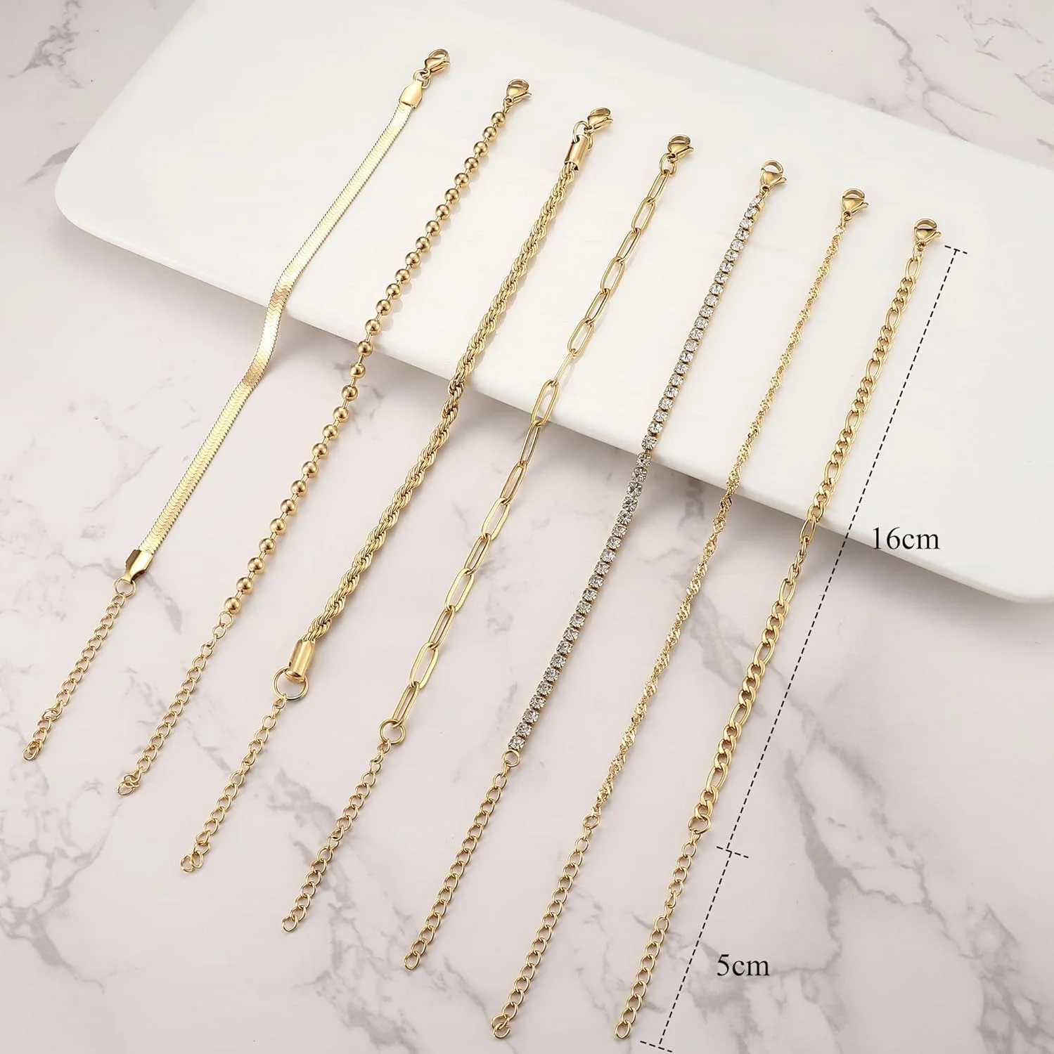 بسته 7 عددی دستبند زنجیری زنانه با روکش طلای 14 عیار، دستبندهای حلقه ای قابل تنظیم، ست دستبند جواهرات مد روز نقره ای طلایی برای دختران