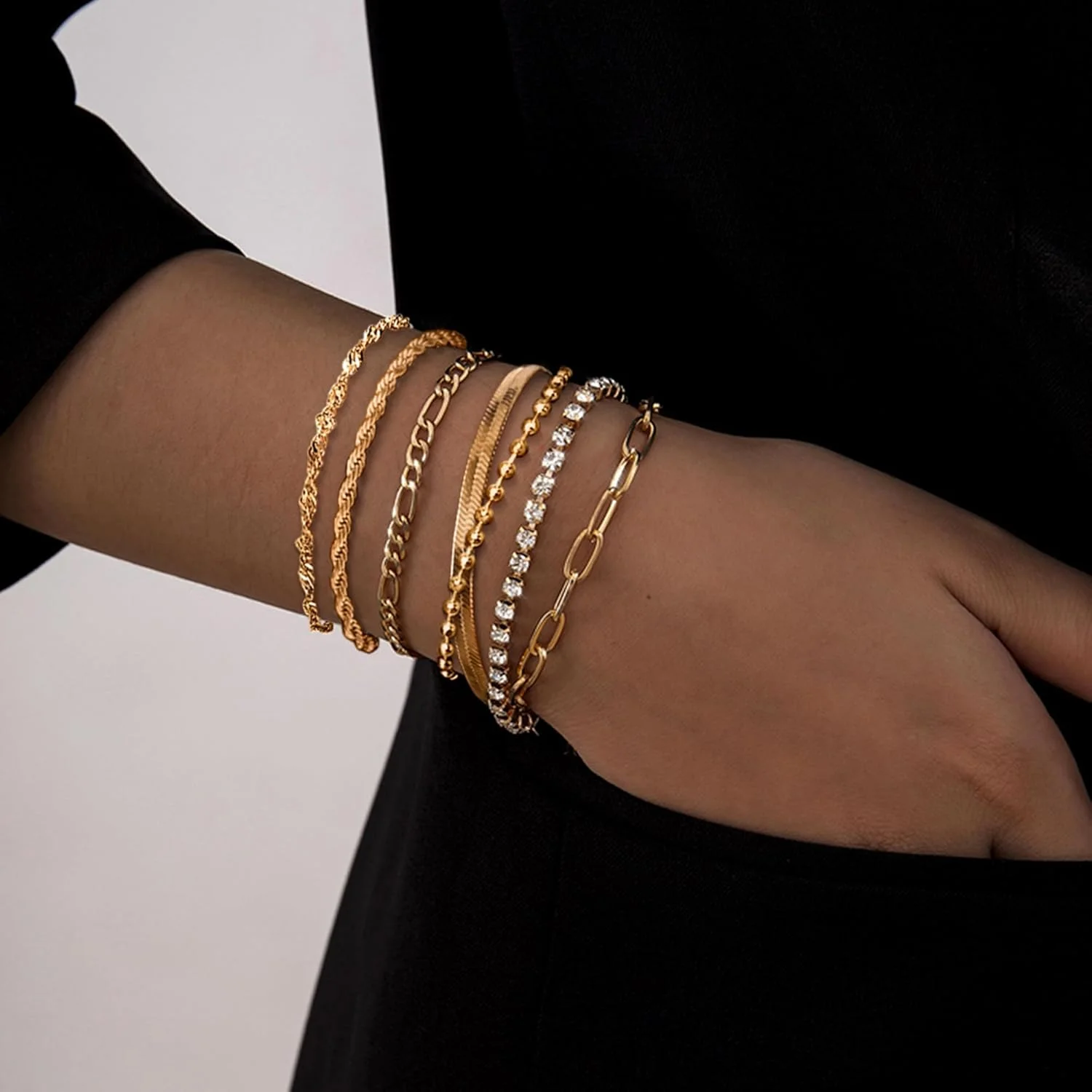 بسته 7 عددی دستبند زنجیری زنانه با روکش طلای 14 عیار، دستبندهای حلقه ای قابل تنظیم، ست دستبند جواهرات مد روز نقره ای طلایی برای دختران