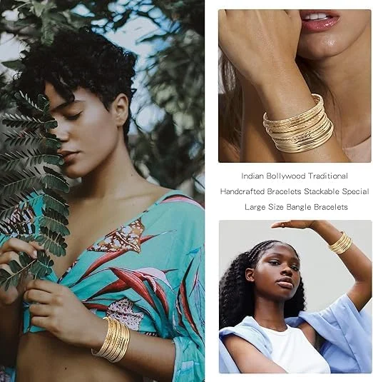 دستبند النگویی طلایی زنانه BIGTHREE، روکش طلای 14 عیار، ست دستبندهای کاف قابل انباشتن - جواهرات سبک بوهو برای عروسی، تولد، مهمانی و استفاده روزمره