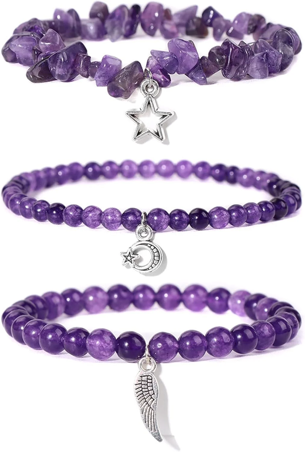 دستبندهای سنگی کریستال آمتیست، جواهرات زنجیره ای مهره های الاستیک سنگ های قیمتی شفابخش طبیعی، آویز آلیاژی، هدایای خوش شانسی دست ساز برای زنان (بنفش، 3 عدد)