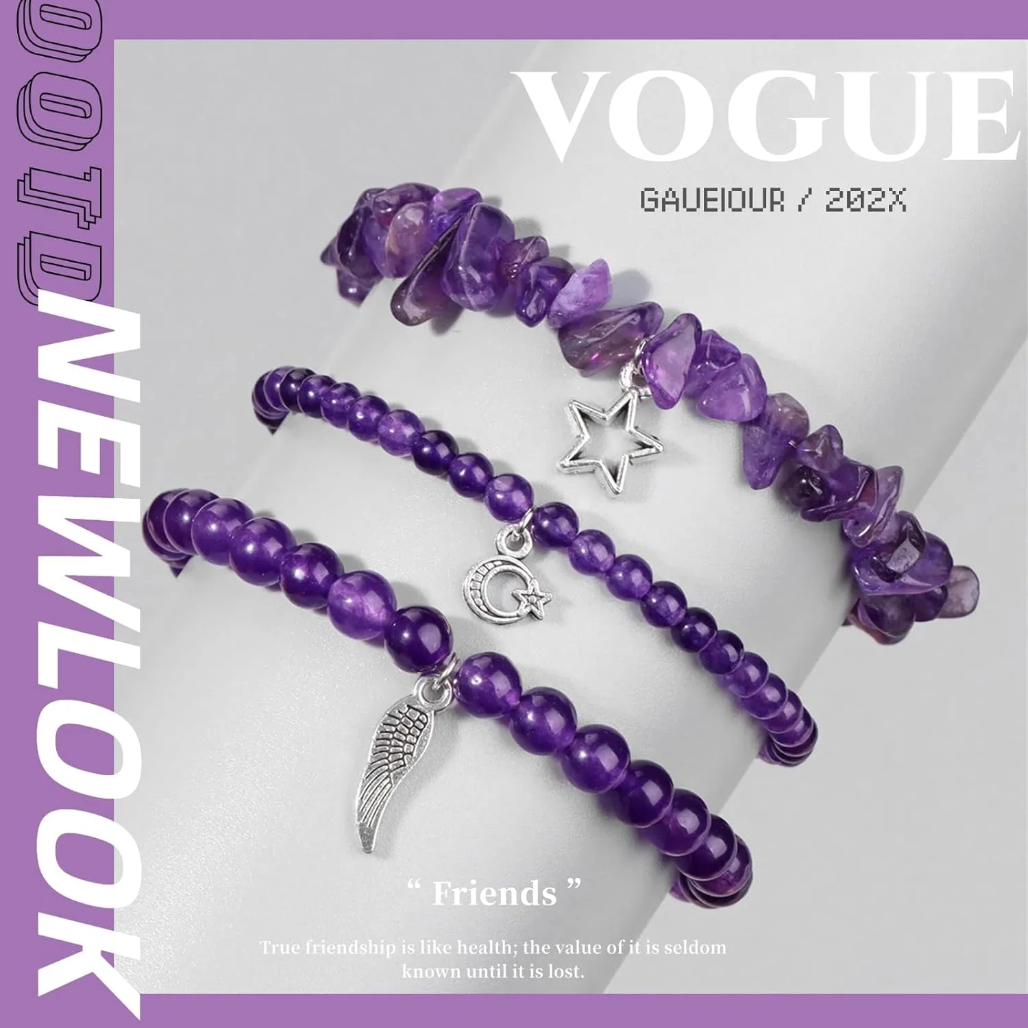 دستبندهای سنگی کریستال آمتیست، جواهرات زنجیره ای مهره های الاستیک سنگ های قیمتی شفابخش طبیعی، آویز آلیاژی، هدایای خوش شانسی دست ساز برای زنان (بنفش، 3 عدد)