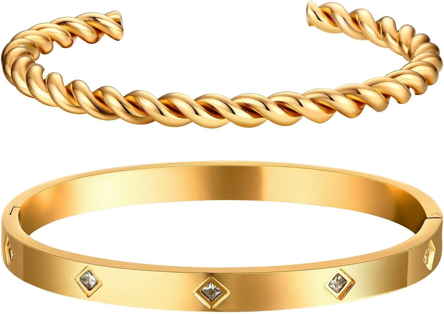 آزونه 2 عدد دستبند النگویی طلایی زنانه - روکش طلای 18 عیار با نگین زیرکونیا، جواهرات دوستی کریستالی، هدیه روز ولنتاین، تولد برای دوست دختر، خواهر