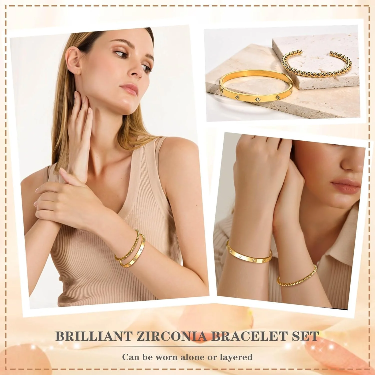 آزونه 2 عدد دستبند النگویی طلایی زنانه - روکش طلای 18 عیار با نگین زیرکونیا، جواهرات دوستی کریستالی، هدیه روز ولنتاین، تولد برای دوست دختر، خواهر