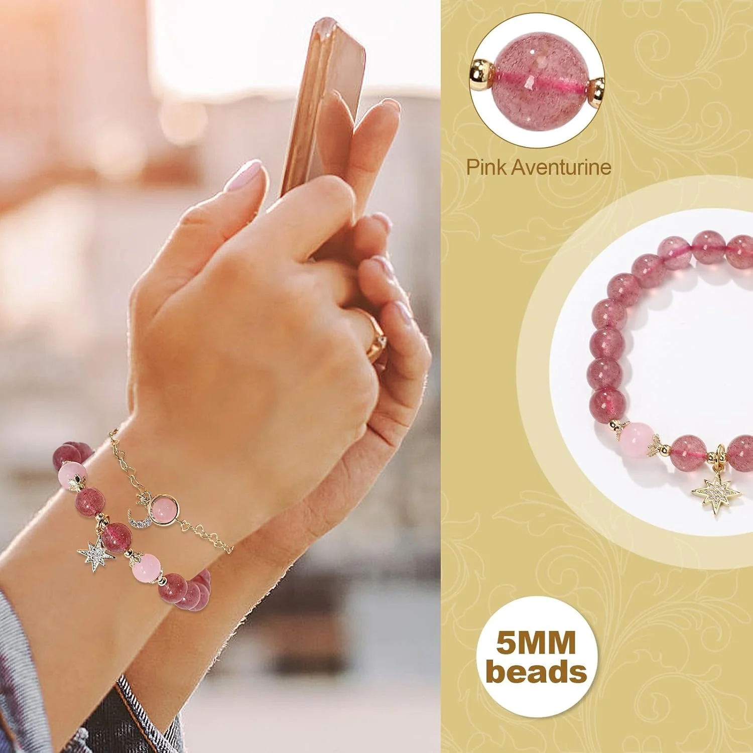 دستبند کریستالی صورتی زنانه آزونه با طرح ستاره و ماه - زیورآلات شیک به سبک INS، هدیه ای ظریف و مد روز برای بانوان