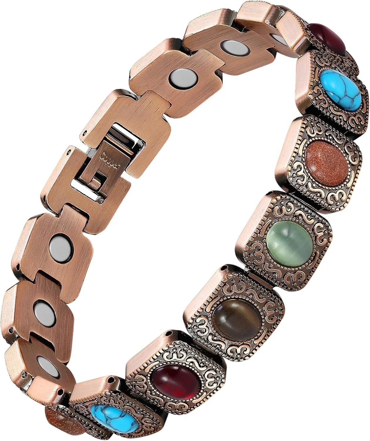 دستبند مسی پهن زنانه آزون با کریستال مغناطیسی و آهنرباهای قوی، دستبند النگویی مسی خالص