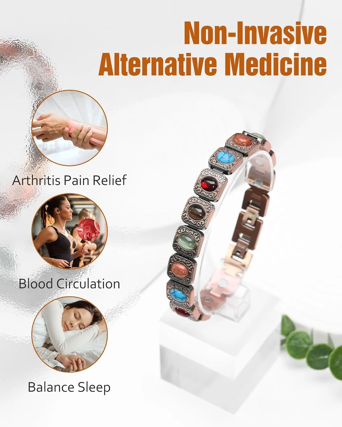 دستبند مسی پهن زنانه آزون با کریستال مغناطیسی و آهنرباهای قوی، دستبند النگویی مسی خالص