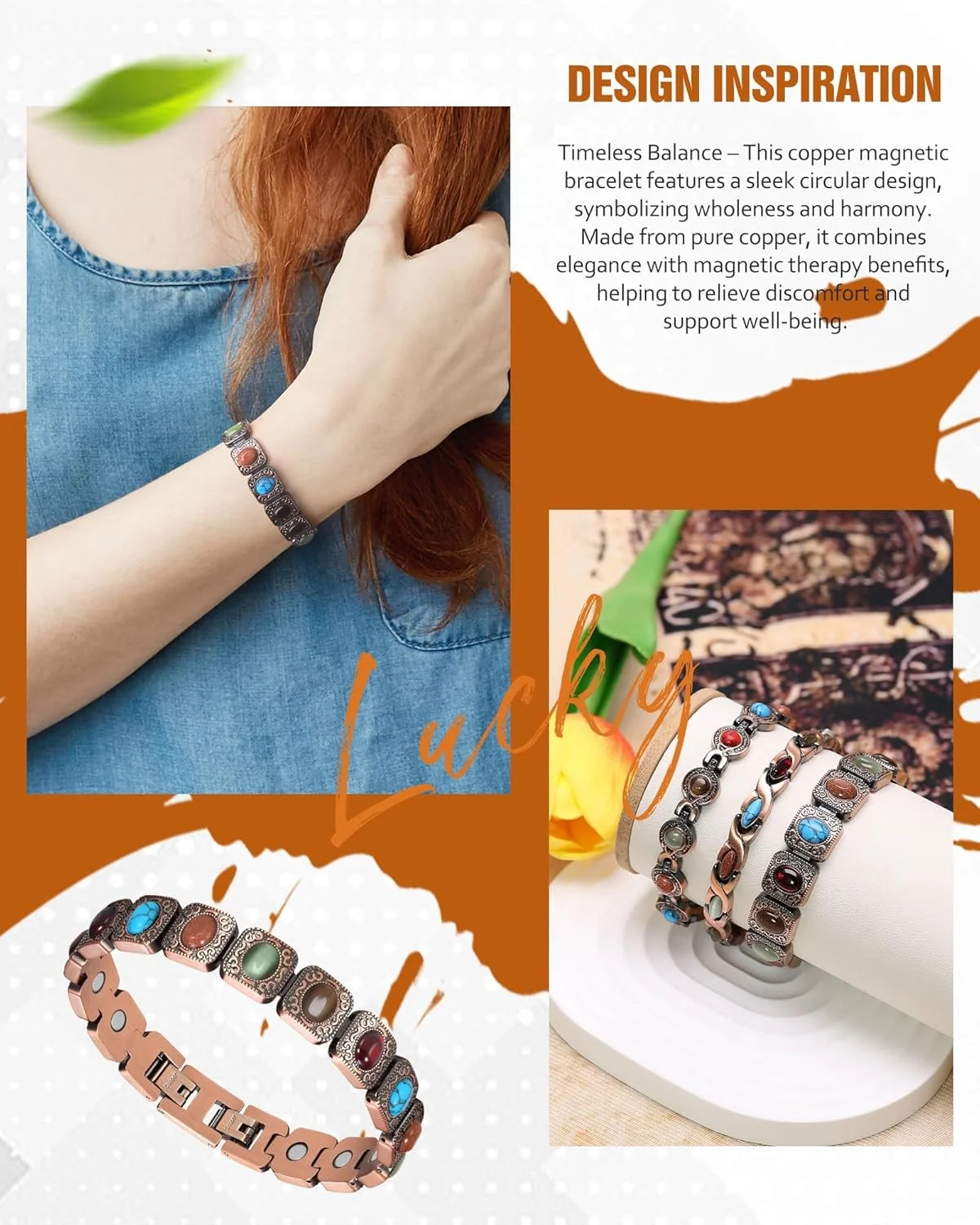 دستبند مسی پهن زنانه آزون با کریستال مغناطیسی و آهنرباهای قوی، دستبند النگویی مسی خالص