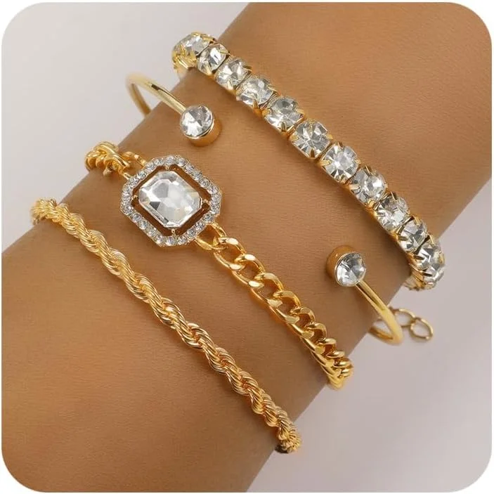 آزون 4 عدد دستبند روکش طلای 14 عیار زنانه - ست دستبند زنجیری ظریف لایه ای، النگوهای زیبا و قابل تنظیم برای استفاده روزمره، مهمانی، هدیه عروسی