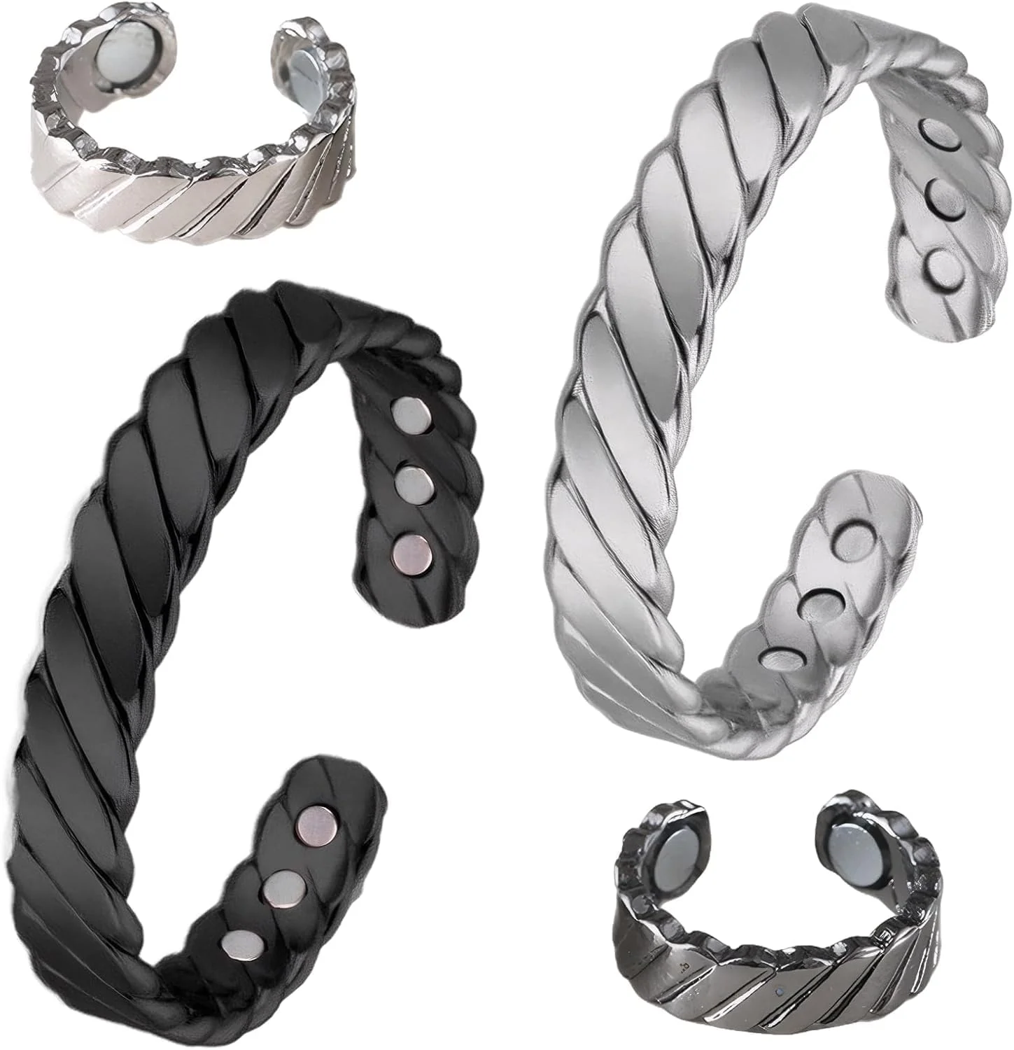 دستبند مسی مغناطیسی زنانه و مردانه Azonee، طراحی قابل تنظیم با 2 آهنربای قوی، ست دستبند و انگشتر میدان مغناطیسی شیک (2 رنگ، 2 دستبند + 2 انگشتر) برای مزایا