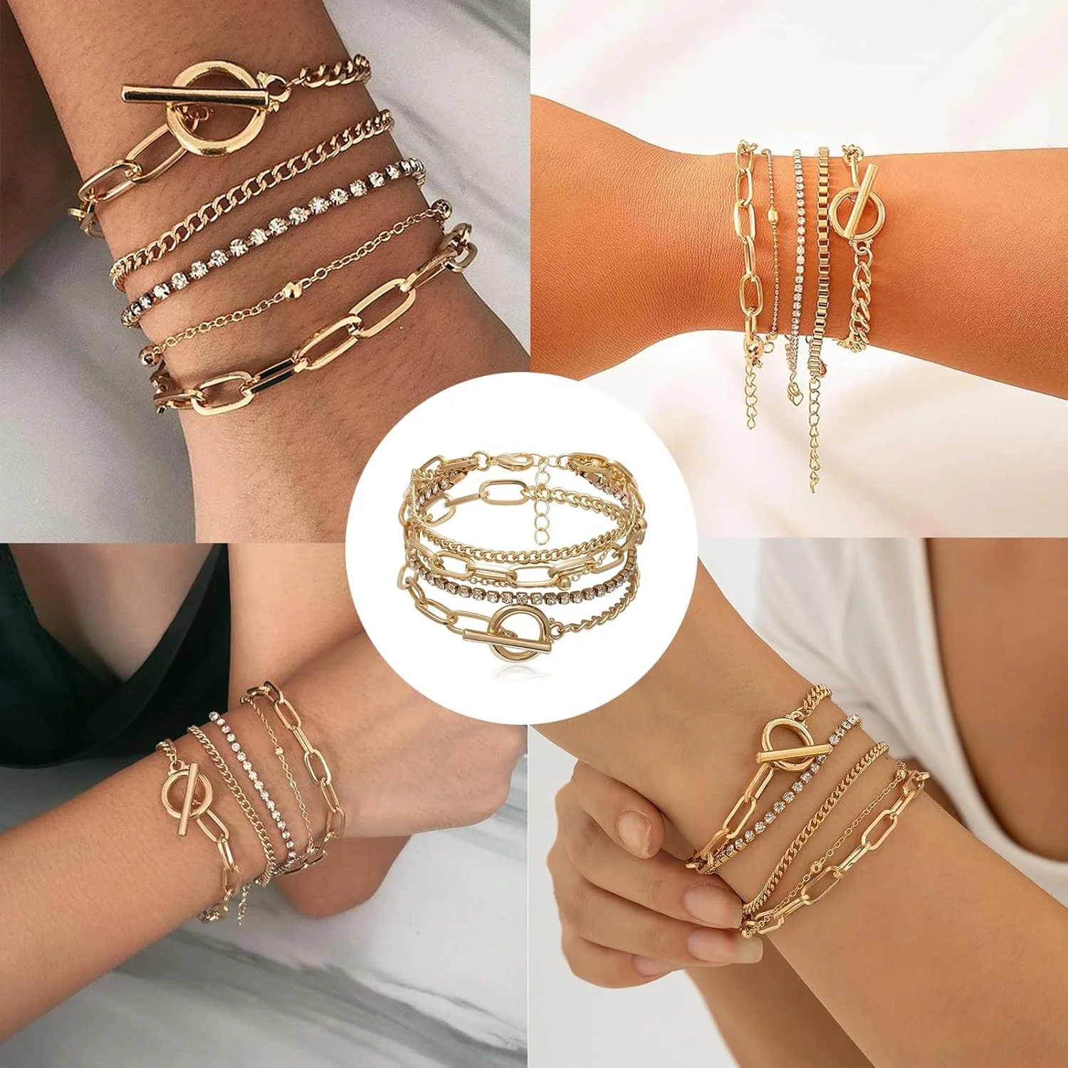 ست النگوی طلایی زنانه آزونه، النگوهای طلایی قابل تنظیم، النگوهای طلایی ضخیم، النگوهای طلایی مد روز برای عروسی، تولد، جشن فارغ التحصیلی و استفاده روزانه، جواهرات انباشته شونده