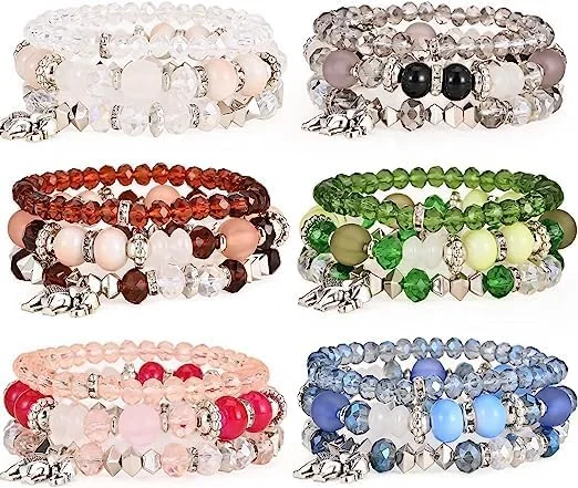 دستبند کریستالی لایه ای آزونه، ست دستبندهای بوهو فیل 6 عددی برای زنان، دستبندهای مهره ای انباشته برای زنان، دستبند کشی مهره ای لایه ای