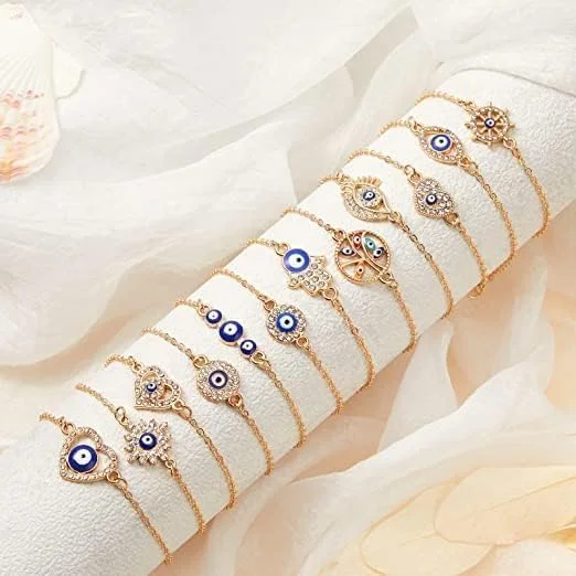 دستبند چشم نظر آزونه، 12 عدد دستبند چشم نظر طلایی برای زنان، جواهرات چشم نظر، دستبند زنجیری قابل تنظیم، هدیه عروسی برای زنان، مردان و دختران