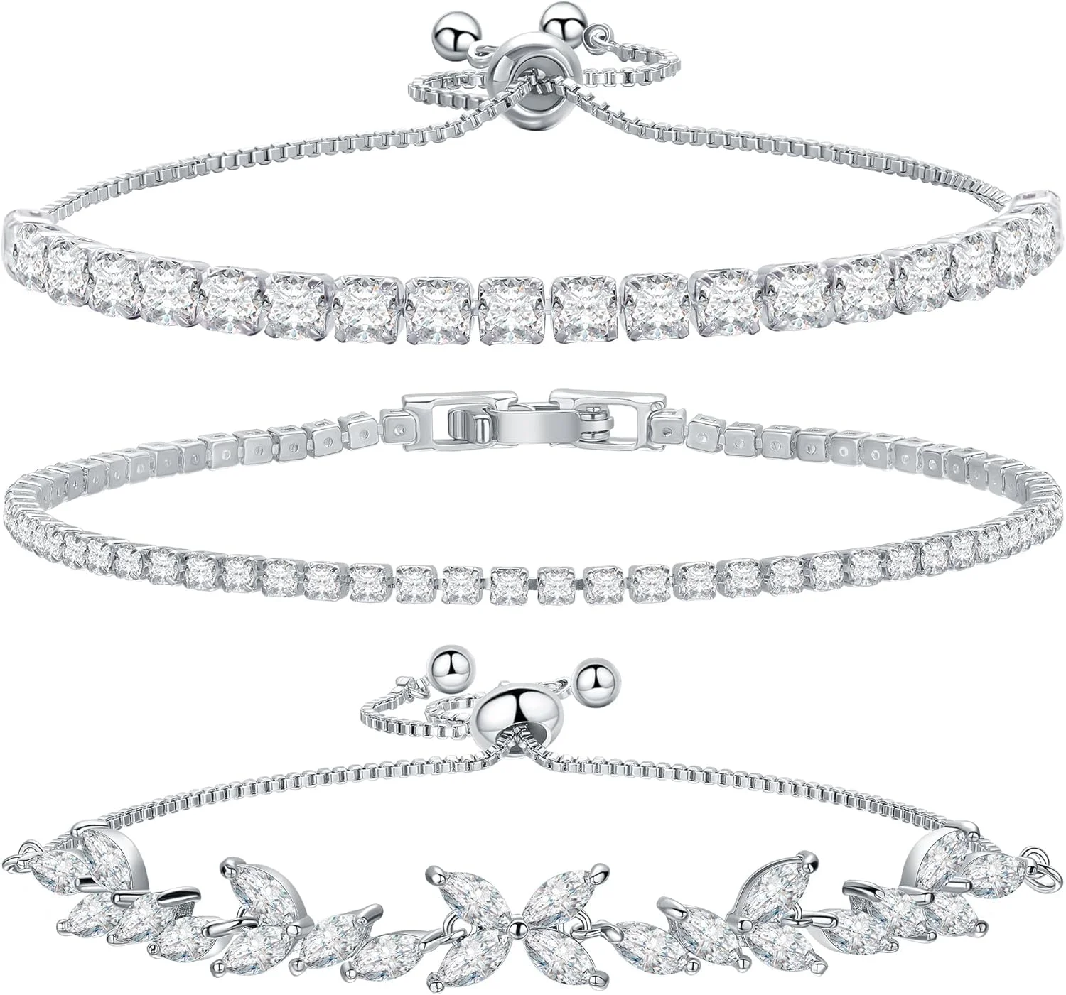 آزونه 3 عدد دستبند تنیس روکش طلای 14 عیار با زیرکونیا مکعبی، دستبندهای نقره ای کلاسیک، ست جواهرات قابل تنظیم برای زنان، هدیه جواهرات دخترانه زنانه