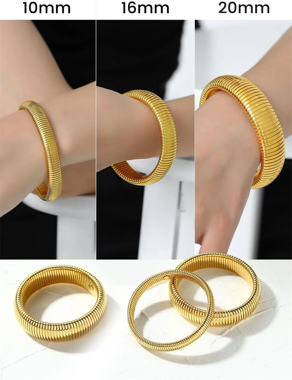 دستبند النگویی طلایی ضخیم Azonee برای زنان، جواهرات استیل ضد زنگ کششی زنجیره ای برای زنان، دستبند النگویی پهن و انعطاف پذیر طلایی، 10 میلی متر