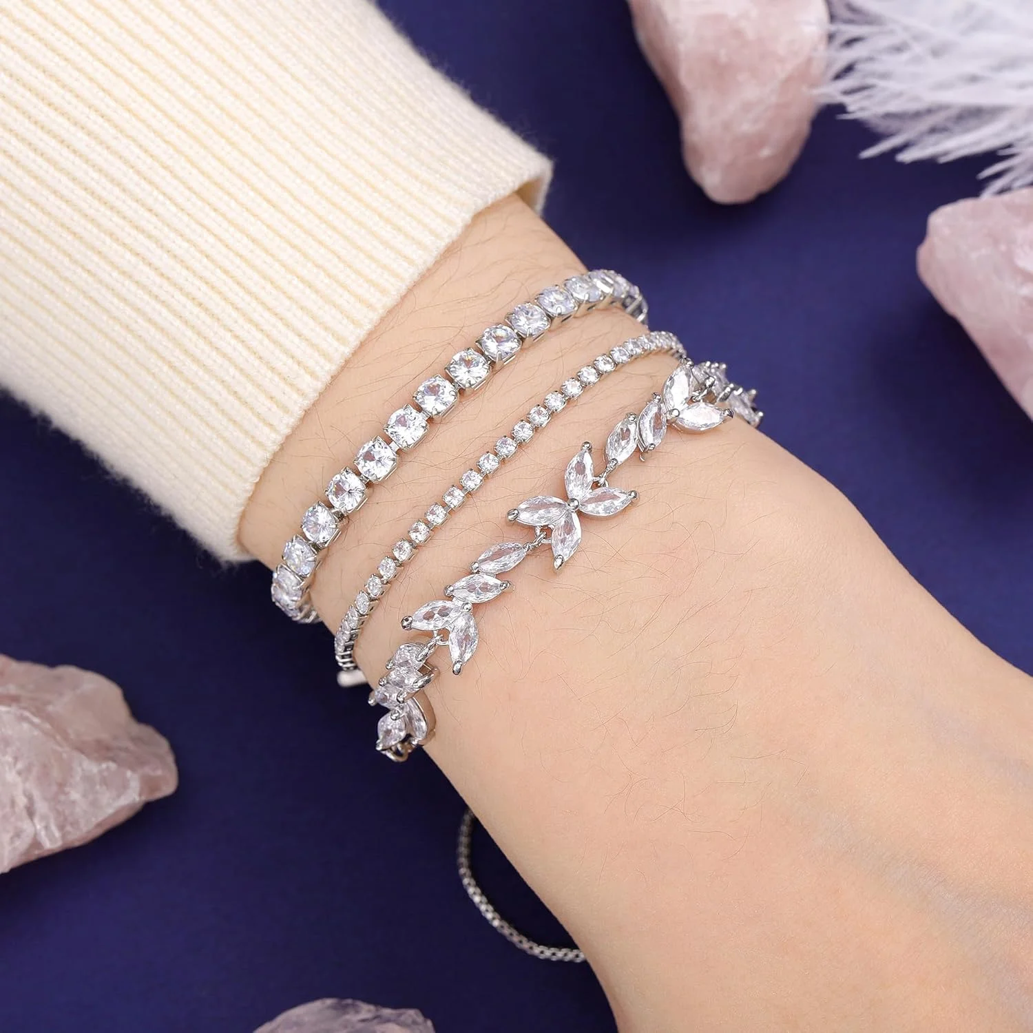 آزونه 3 عدد دستبند تنیس روکش طلای 14 عیار با زیرکونیا مکعبی، دستبندهای نقره ای کلاسیک، ست جواهرات قابل تنظیم برای زنان، هدیه جواهرات دخترانه زنانه