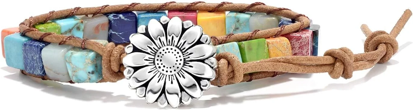 دستبند هفت چاکرا NALACAL زنانه با سنگ های طبیعی، دستبند مهره ای چرمی، جواهرات دوستی بوهو زنانه مردانه