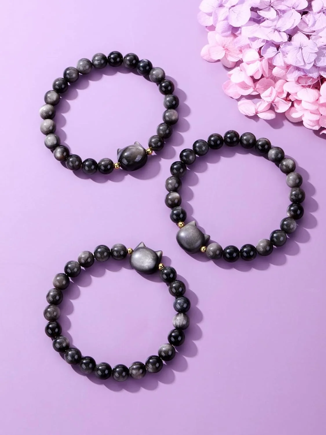 دستبند گربه سنگی NALACAL برای زنان و مردان، دستبند مهره ای سنگ طبیعی 8 میلی متری، دستبند کششی سنگ های قیمتی شفابخش محافظ، جواهرات گربه هدیه برای شانس خوب و جذب ثروت