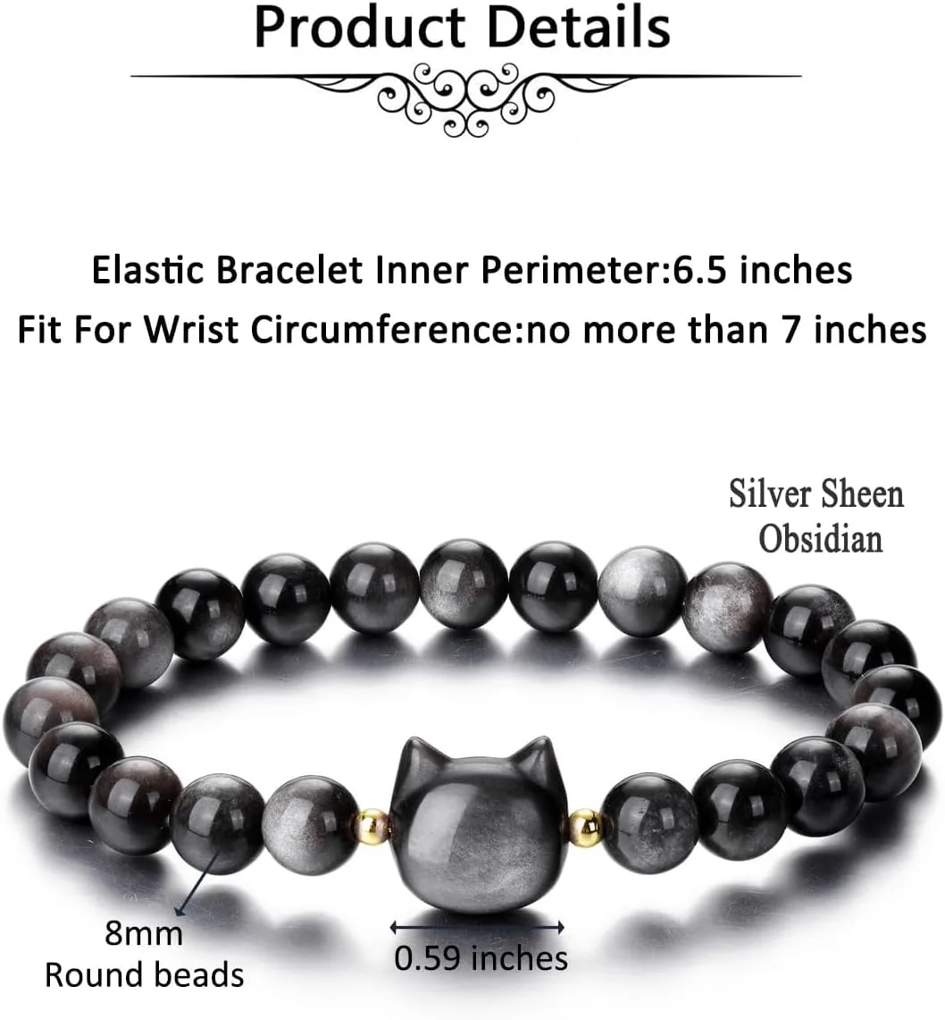دستبند گربه سنگی NALACAL برای زنان و مردان، دستبند مهره ای سنگ طبیعی 8 میلی متری، دستبند کششی سنگ های قیمتی شفابخش محافظ، جواهرات گربه هدیه برای شانس خوب و جذب ثروت