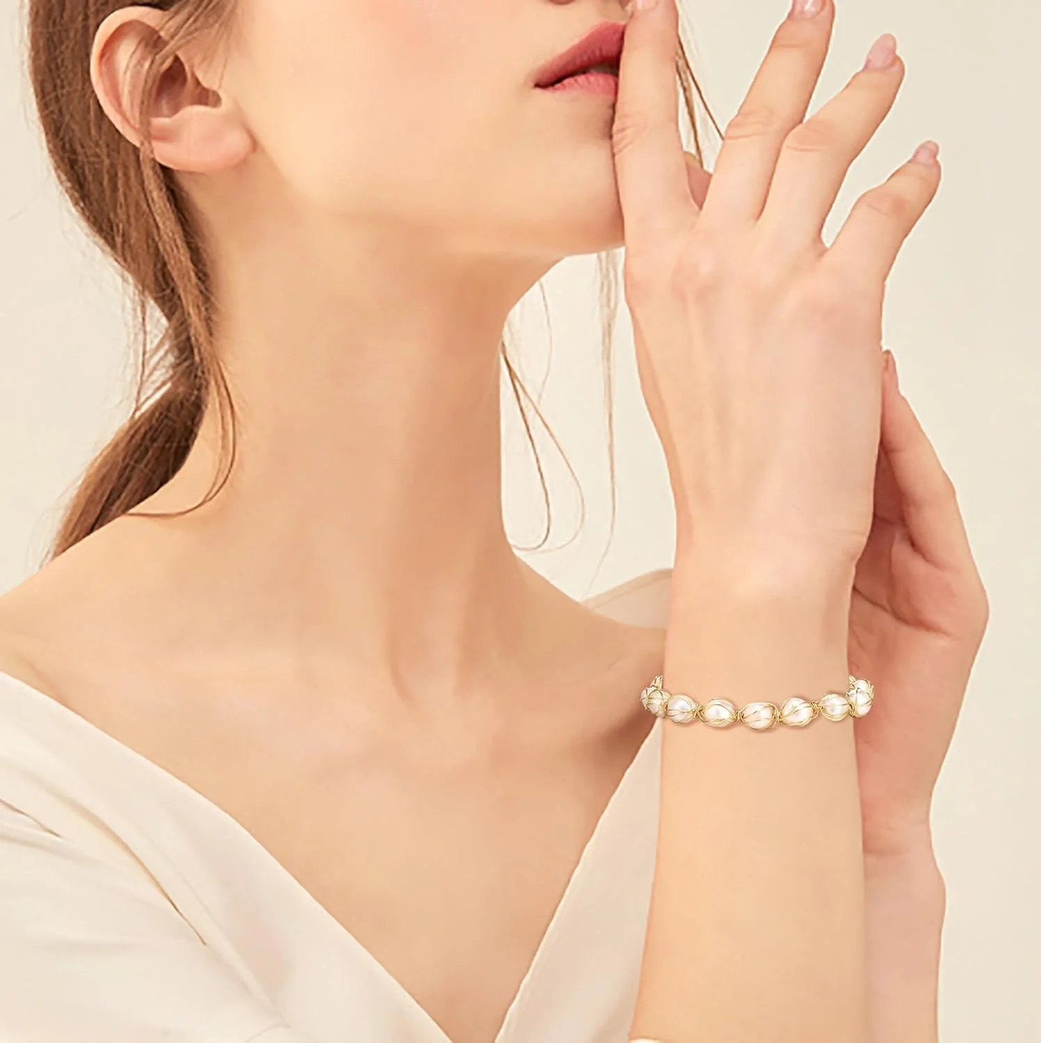 دستبند مروارید ظریف NALACAL، مرواریدهای آب شیرین قدیمی طلای 18 عیار، ابریشم دست ساز، دستبندهای جذاب قابل تنظیم، دستبند انباشتنی، جواهرات عروسی ظریف برای زنان