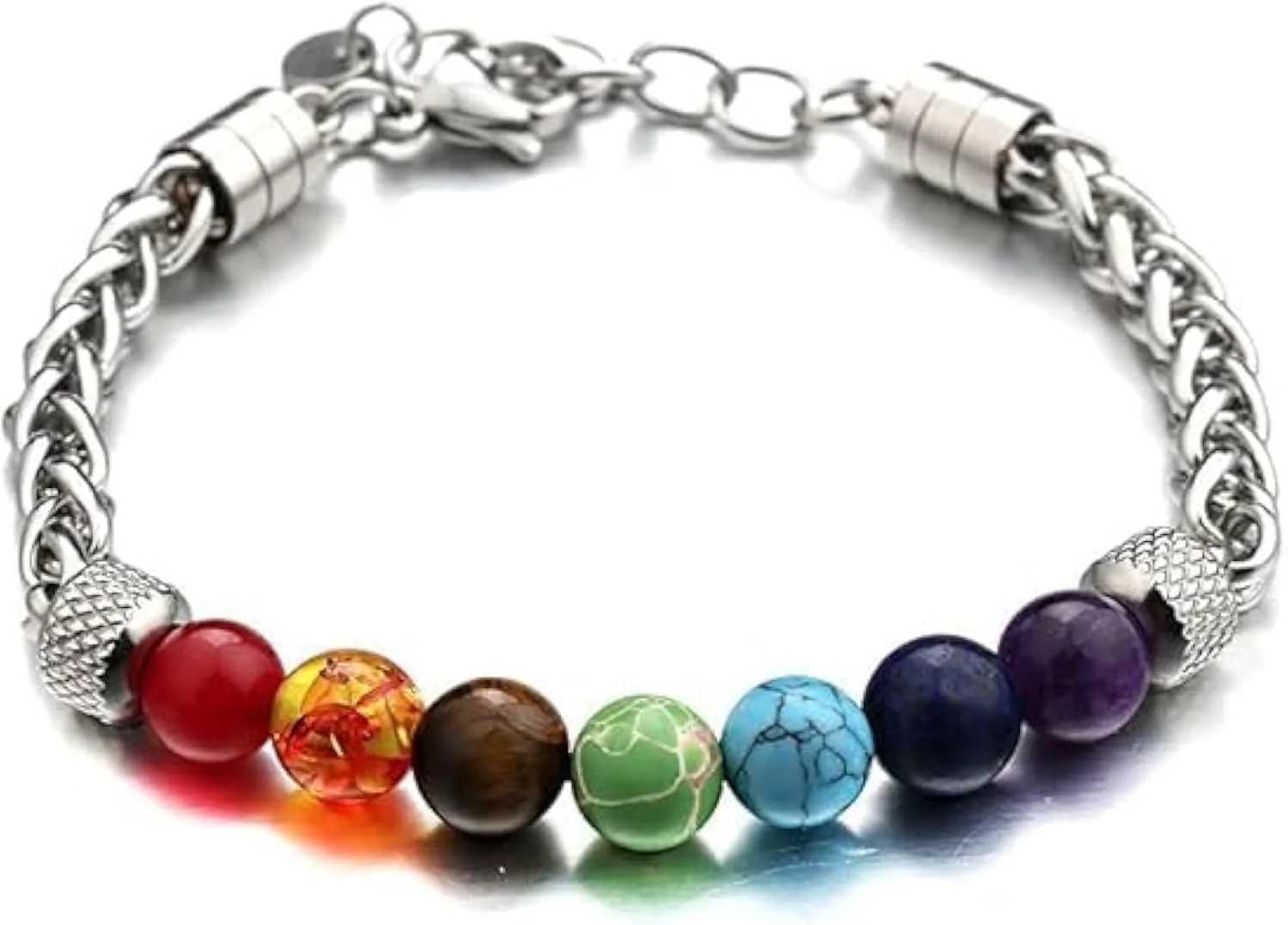 دستبند هفت چاکرا نالاکال مردانه، دستبند تسبیحی استیل با مهره های آناناسی سنگ طبیعی رنگارنگ قابل تنظیم، زنجیر کوبایی نقره ای، جواهرات هدیه شفابخش قدرت، برای زنان و مردان