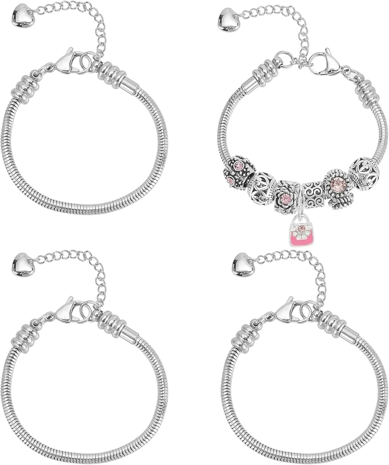 NALACAL دستبند زنجیری ماری 4 عددی 16 سانتی‌متری با قابلیت تنظیم، دستبند استیل ضد زنگ، دستبند آویز مناسب برای مهره‌های آویز، زنجیر ماری اروپایی با قفل خرچنگی برای مردان و زنان (نقره‌ای)