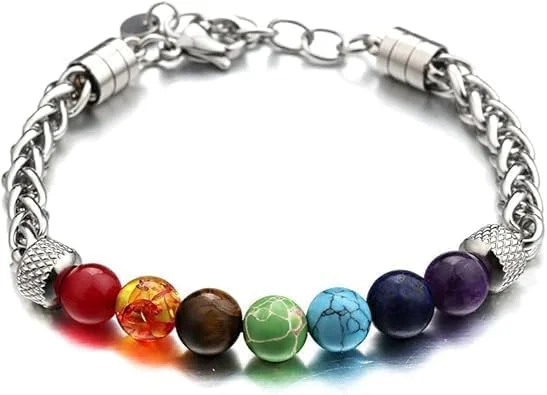 دستبند هفت چاکرا نالاکال مردانه، دستبند تسبیحی استیل با مهره های آناناسی سنگ طبیعی رنگارنگ قابل تنظیم، زنجیر کوبایی نقره ای، جواهرات هدیه شفابخش قدرت، برای زنان و مردان