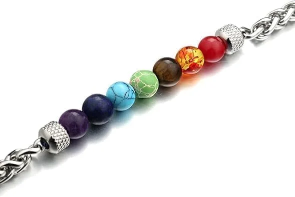 دستبند هفت چاکرا نالاکال مردانه، دستبند تسبیحی استیل با مهره های آناناسی سنگ طبیعی رنگارنگ قابل تنظیم، زنجیر کوبایی نقره ای، جواهرات هدیه شفابخش قدرت، برای زنان و مردان