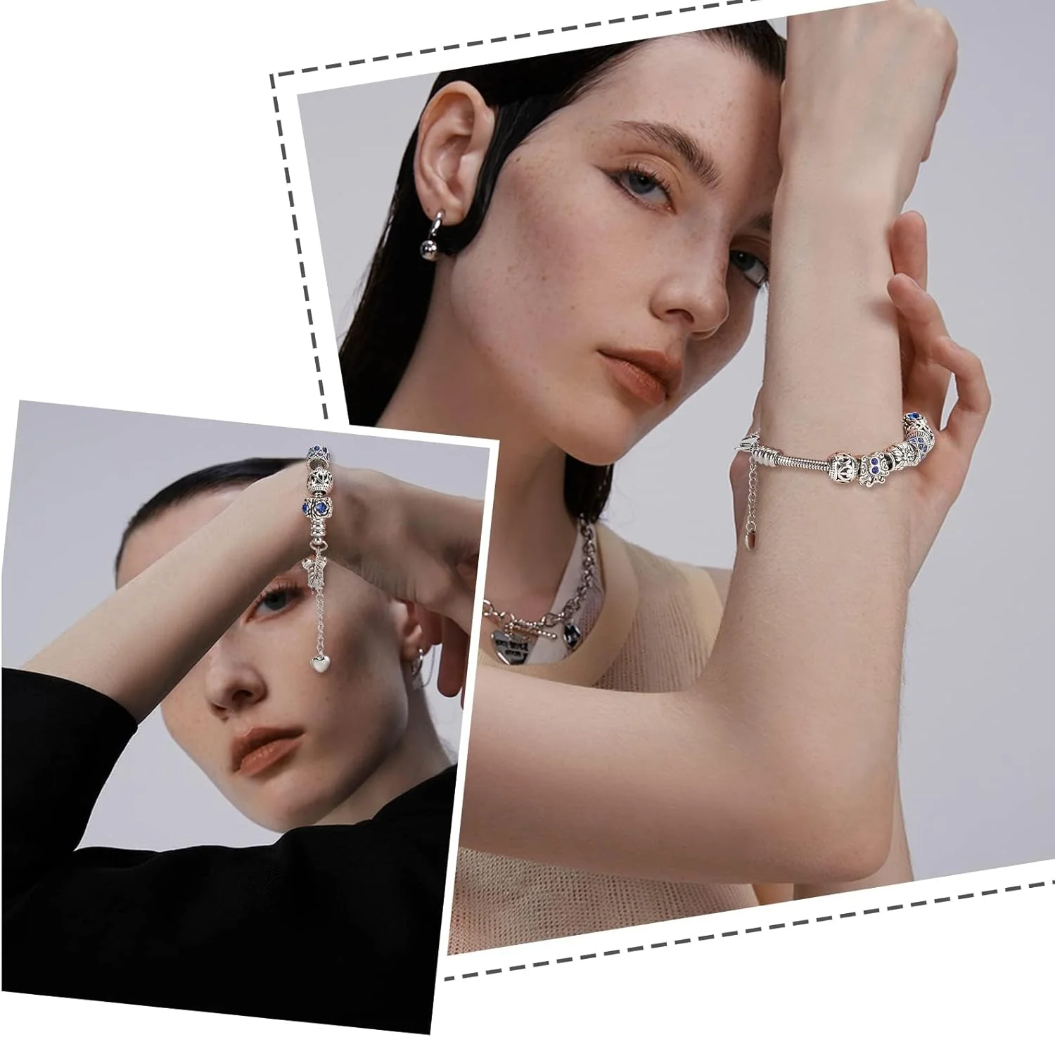 NALACAL دستبند زنجیری ماری 4 عددی 16 سانتی‌متری با قابلیت تنظیم، دستبند استیل ضد زنگ، دستبند آویز مناسب برای مهره‌های آویز، زنجیر ماری اروپایی با قفل خرچنگی برای مردان و زنان (نقره‌ای)