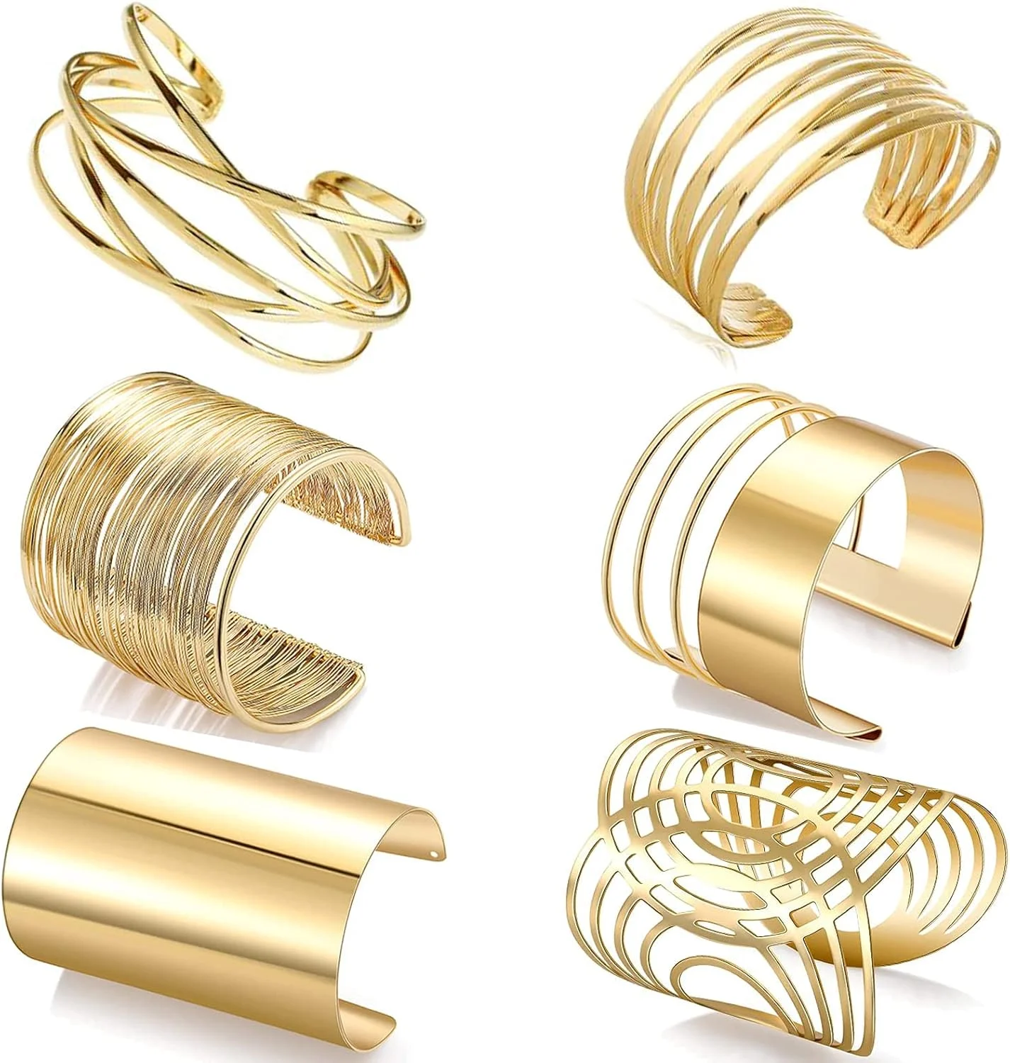 دستبند بازویی طلایی TERRIFI، ست 6 عددی النگو بازویی، النگو سیم پیچ ساده قابل تنظیم، النگو سیمی پهن شیاردار، النگوهای سیمی پهن باز ساده برای زنان و دختران