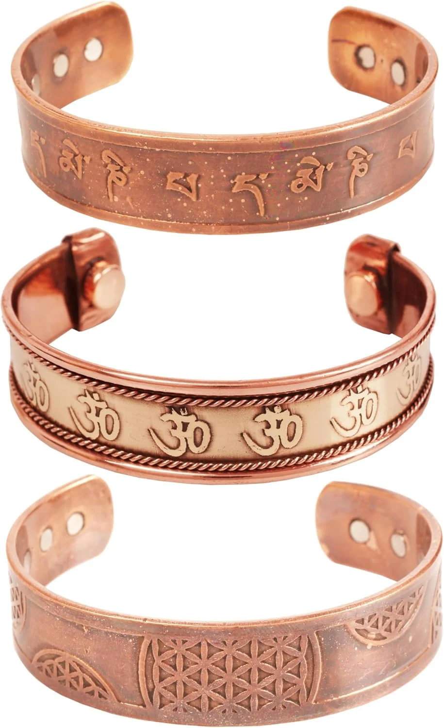 دستبند مسی مغناطیسی تاچ استون، سبک تبتی. دست ساز با مس خالص ضخیم و محکم. مجموعه 3 طرح مختلف با حکاکی های سلتیک و Om Namah Shiva Mani Padme Hom.