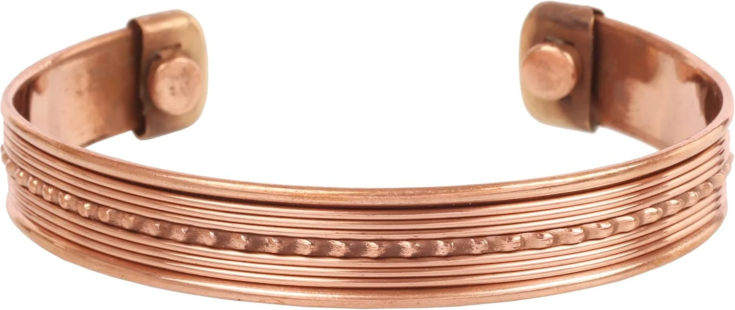 دستبند مسی دست ساز تاچ استون، دست ساز با مس خالص و ضخیم، طرح مارپیچ چشم نواز به سبک تبتی، ظرافت مینیمالیستی، دستبند مسی خالص دو رنگ.