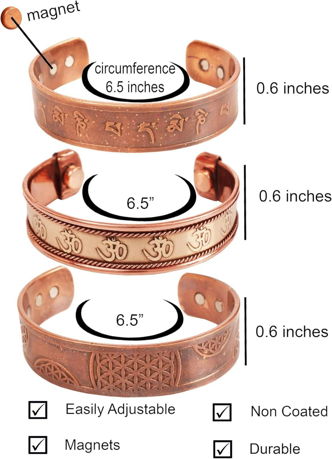 دستبند مسی مغناطیسی تاچ استون، سبک تبتی. دست ساز با مس خالص ضخیم و محکم. مجموعه 3 طرح مختلف با حکاکی های سلتیک و Om Namah Shiva Mani Padme Hom.