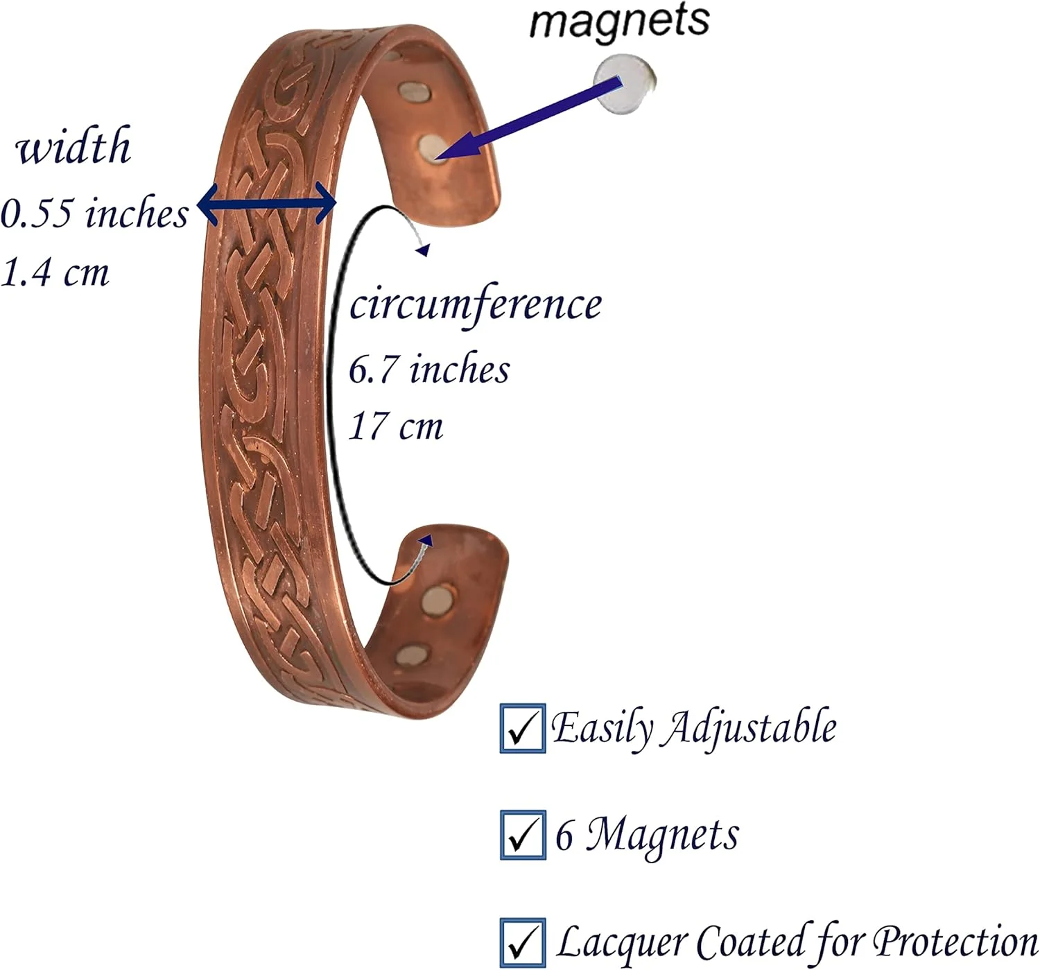 دستبند مسی مغناطیسی دست ساز تاچ استون. دست ساز با مس خالص ضخیم و حکاکی شده به سبک تبتی، جواهرات مسی خالص برای زنان و مردان. طرح سلتیک جادویی.