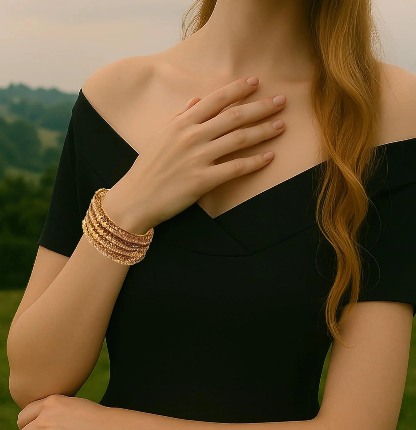 دستبند النگویی زنانه با طراحی هندی، نگین کاری شده، کار دست، طرح مشبک فلزی، سیم های تابیده، سنگ های تزئینی و میناکاری، رنگ طلایی و نقره ای.