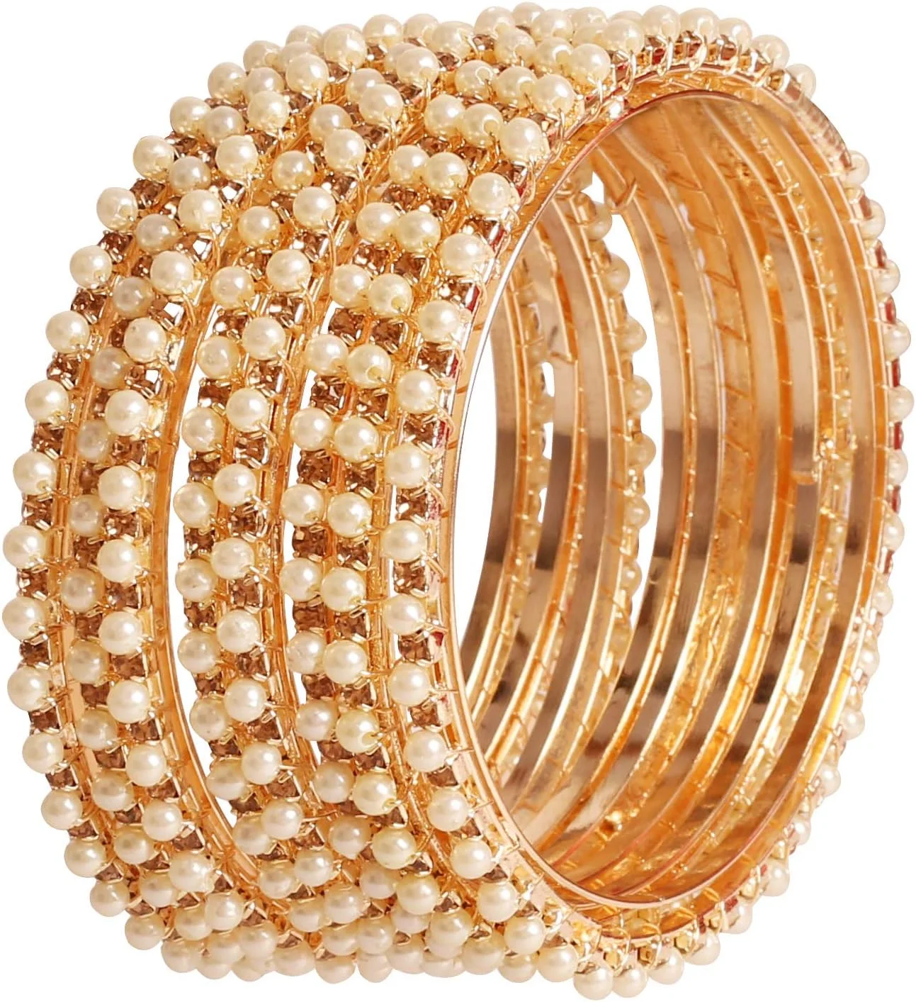 دستبند النگویی طرح جواهرات هندی سنتی دست ساز با نگین های زرد و سفید و مروارید های مصنوعی، طراحی خاص، با روکش طلایی مناسب بانوان.