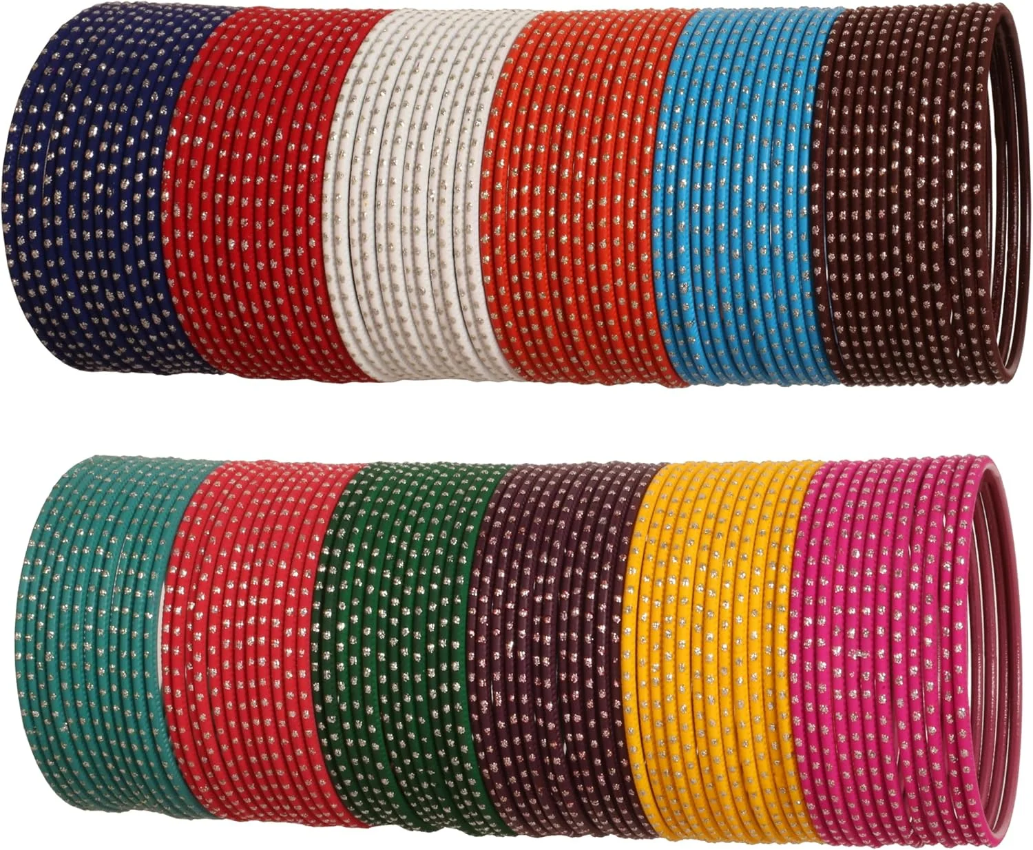 دستبند النگویی تاچ استون، طرح سنتی هندی بالیوودی، ارائه ای عالی، 12 رنگ متنوع با بافت، تزئین شده با نقطه های نقره ای. ست 144 عددی. مخصوص بانوان.