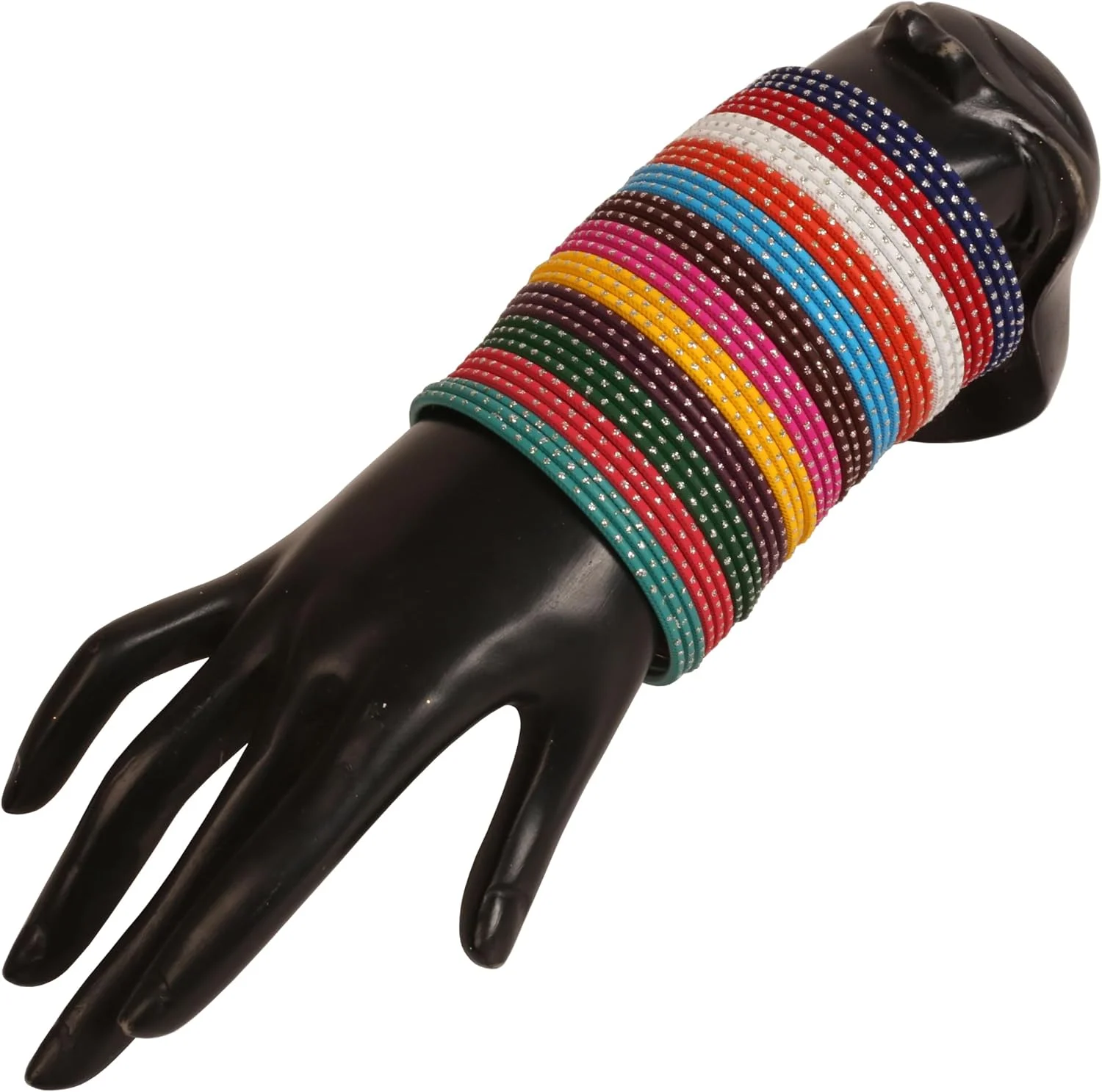 دستبند النگویی تاچ استون، طرح سنتی هندی بالیوودی، ارائه ای عالی، 12 رنگ متنوع با بافت، تزئین شده با نقطه های نقره ای. ست 144 عددی. مخصوص بانوان.