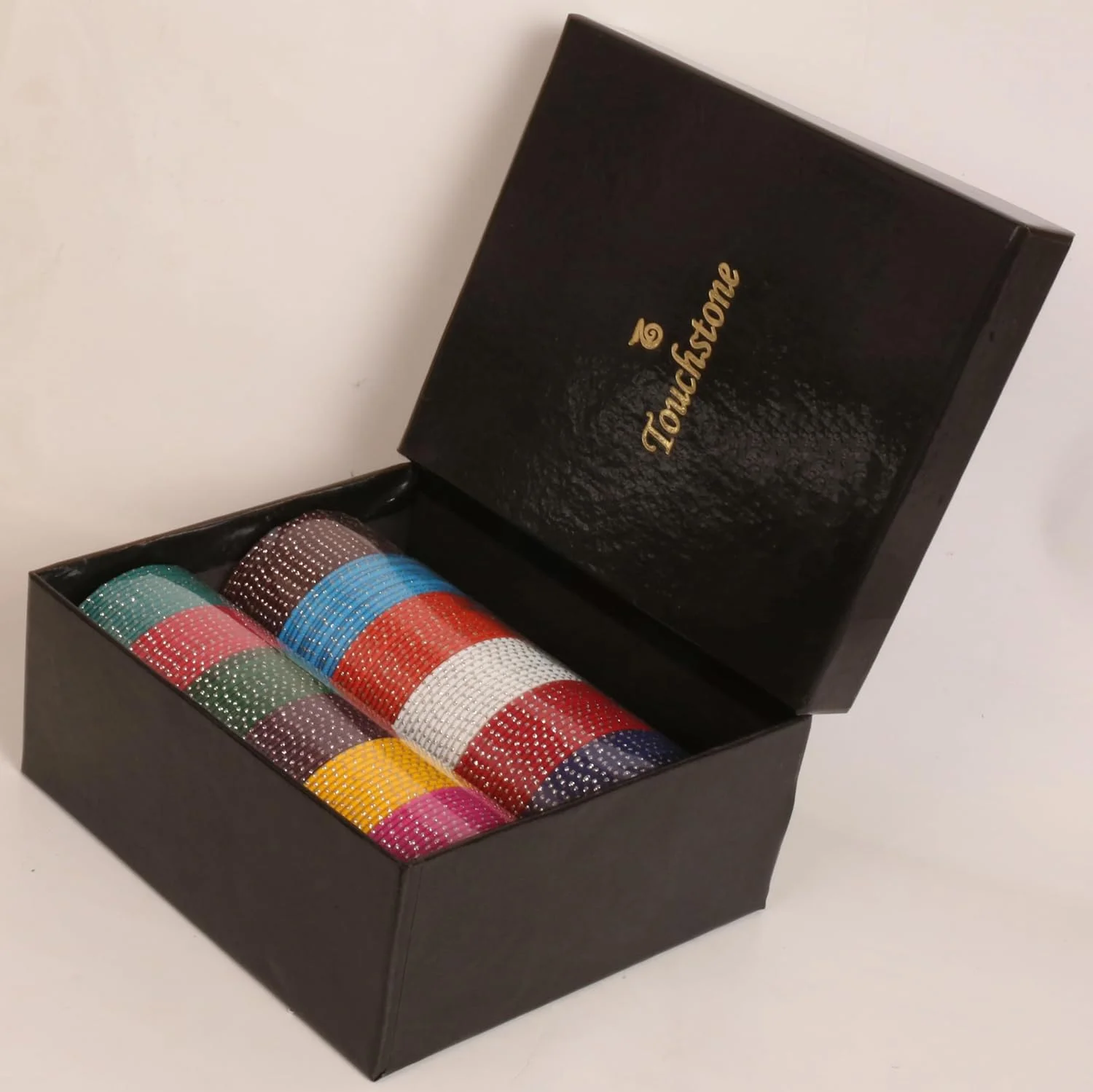 دستبند النگویی تاچ استون، طرح سنتی هندی بالیوودی، ارائه ای عالی، 12 رنگ متنوع با بافت، تزئین شده با نقطه های نقره ای. ست 144 عددی. مخصوص بانوان.